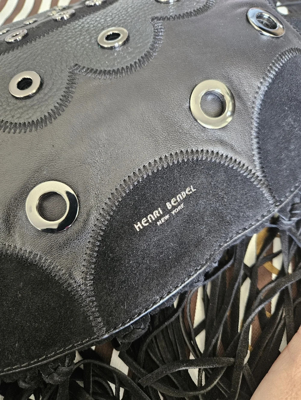 Henri Bendel Dylan Black Fringe Leather Hobo Rivet Crossbody Bag + Dustbag
